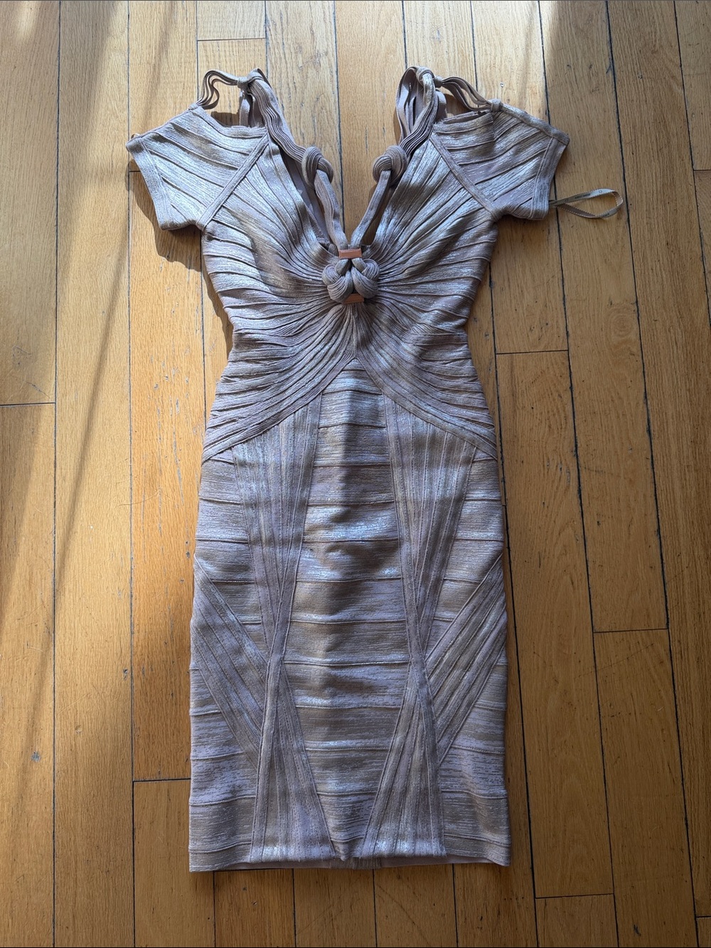 Knot-Front Bodycon Bandage Dress in Rose Gold